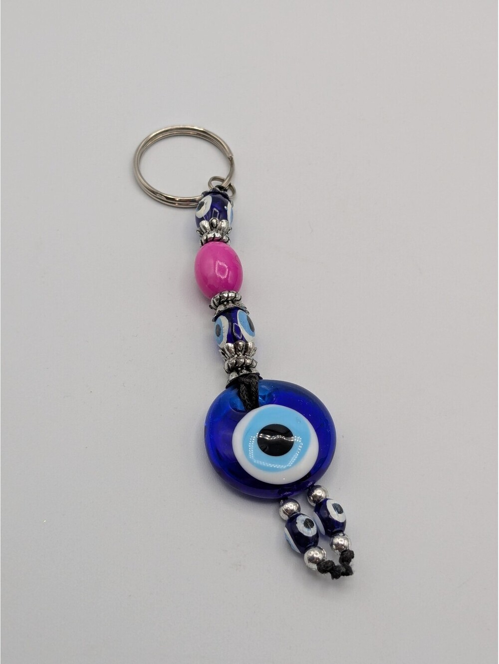 Turkish Evil Eye Keychain with a Blue Glass Nazar Amulet and Pink Bead